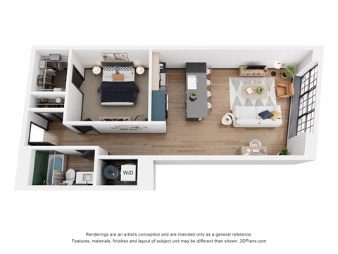 A 3D floor plan of a small apartment with a kitchen, living room, and bedroom.